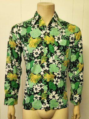 disco shirt S men's 1970s mod polyester print Joel